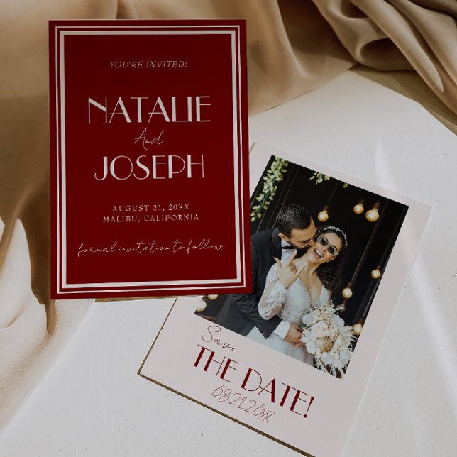 Elegant Deep Red Ivory Old Money Photo Wedding Save The Date (Creator Uploaded)