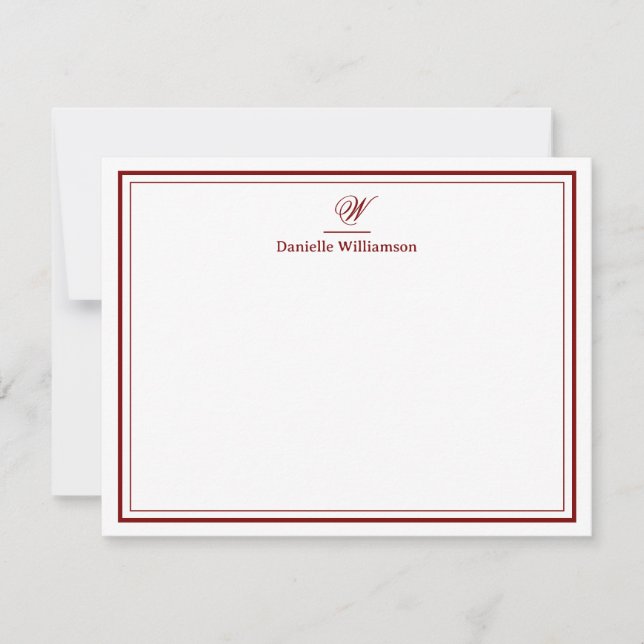 Elegant Deep Red  Monogram Double Border White Card (Front)