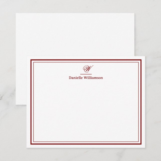 Elegant Deep Red  Monogram Double Border White Card (Front/Back)
