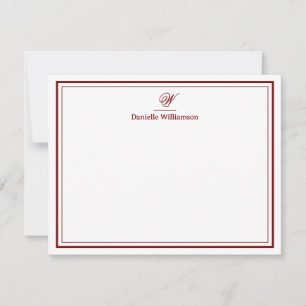 Elegant Deep Red  Monogram Double Border White Card