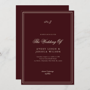 Elegant Deep Red Monogram Old Money Wedding Invitation