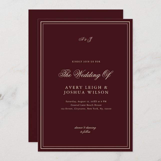 Elegant Deep Red Monogram Old Money Wedding Invitation (Front/Back)
