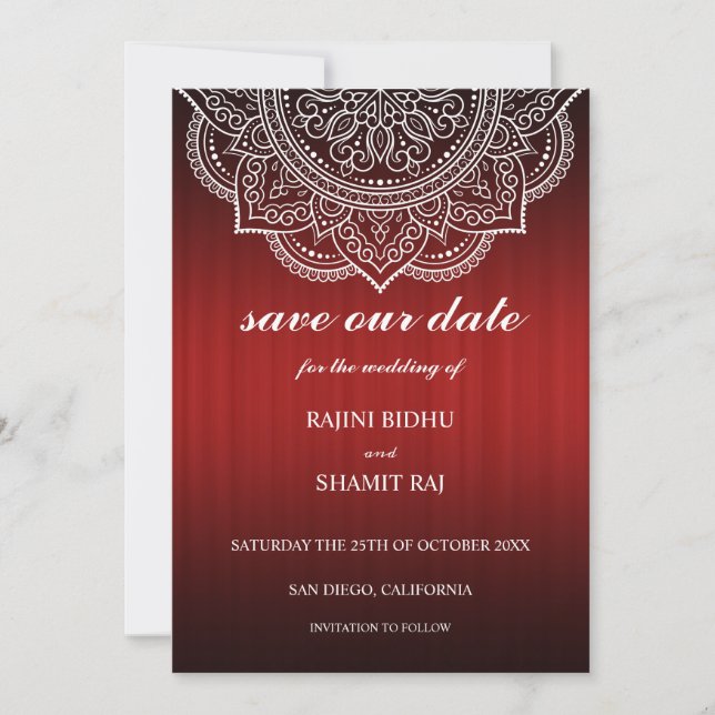 Elegant Deep Red Paisley Indian Hindu Wedding Save The Date (Front)