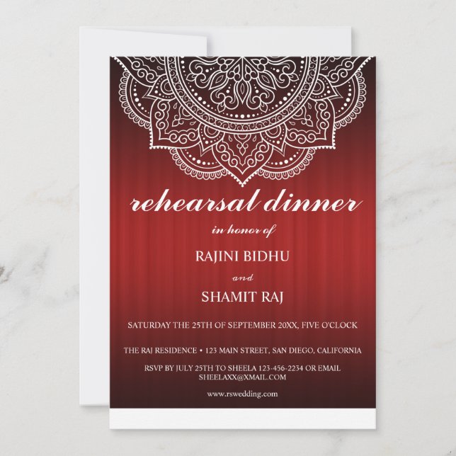 Elegant Deep Red Paisley Indian Rehearsal Dinner Invitation (Front)