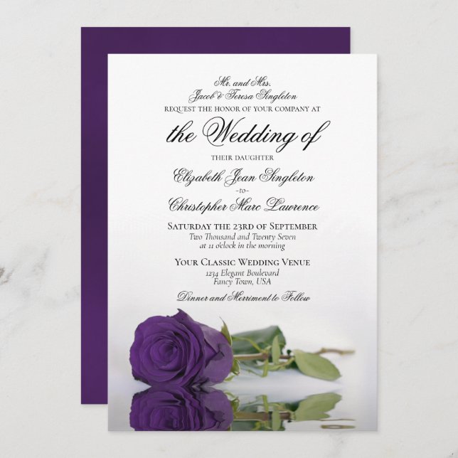Elegant Deep Royal Purple Rose Formal Wedding Invitation (Front/Back)
