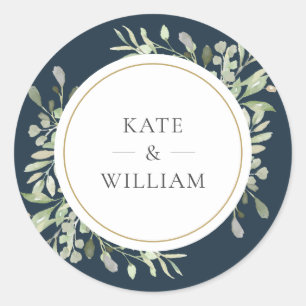 Elegant Deep Sea Blue Greenery Wedding Gold Favour Classic Round Sticker