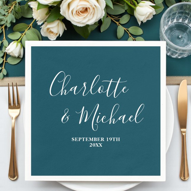 Elegant Deep Teal Script Minimalist Wedding Napkin (Creator Uploaded)