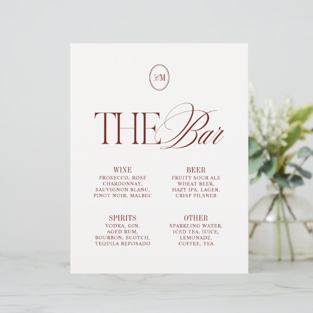 Elegant Deep Terracotta The Bar Wedding Menu (Standing Front)