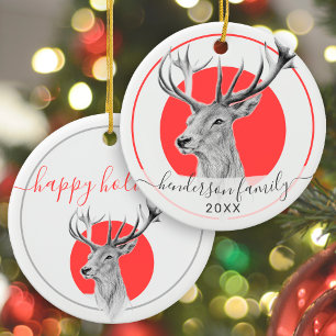 Elegant Deer Art Red Personalised Christmas Ceramic Tree Decoration
