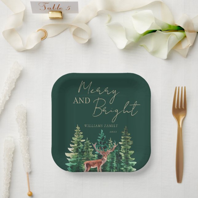 Elegant Deer Christmas Family Name Paper Plate (Wedding)