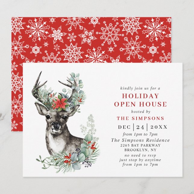 Elegant Deer Christmas HOLIDAY OPEN HOUSE Invitation (Front/Back)