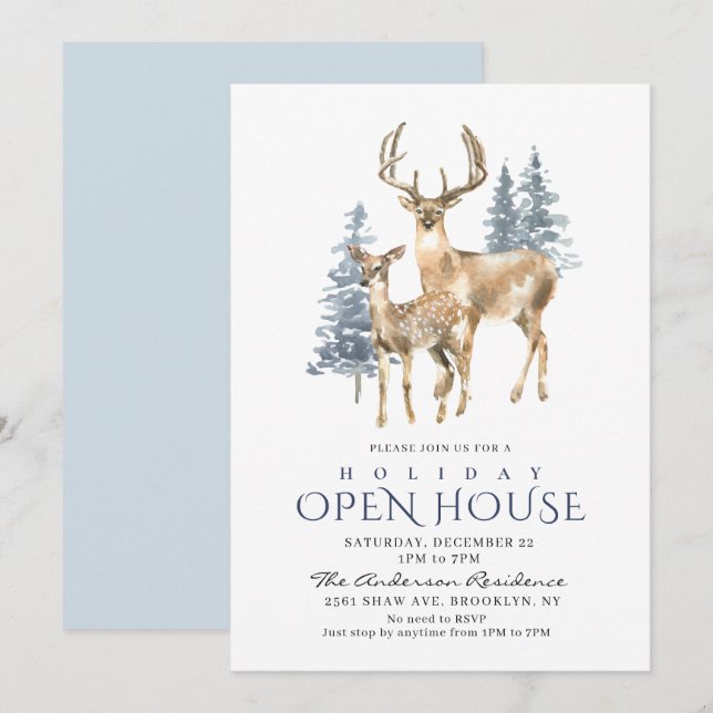 Elegant Deer Christmas Tree Holiday Open House Invitation (Front/Back)