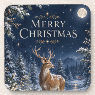 Elegant Deer Christmas, Vintage Woodland Engraving Coaster