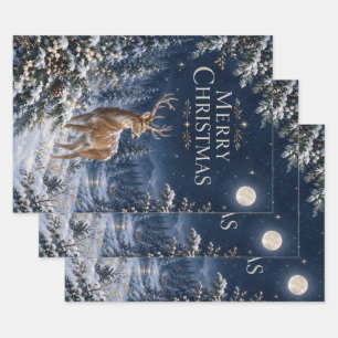 Elegant Deer Christmas, Vintage Woodland Engraving Wrapping Paper Sheet