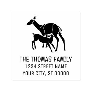 Elegant Deer Doe Feeding Fawn Name Address Self-inking Stamp