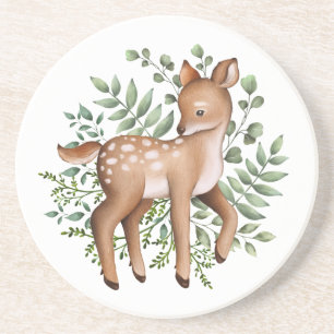 Elegant Deer Forest Woodland Greenery Leaves Coaster