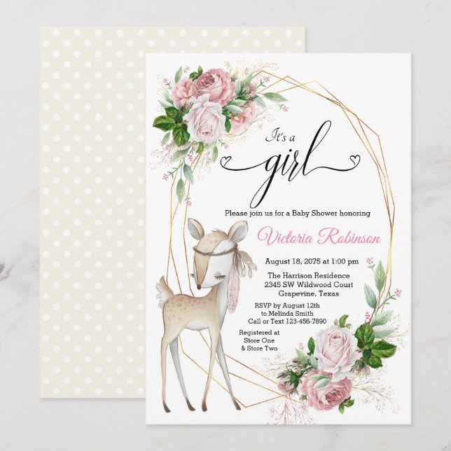 Elegant Deer Girl Woodland Baby Shower Invitation (Front/Back)