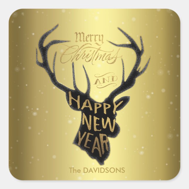 Elegant Deer Gold Foil Holiday Wishes Typography Square Sticker (Front)