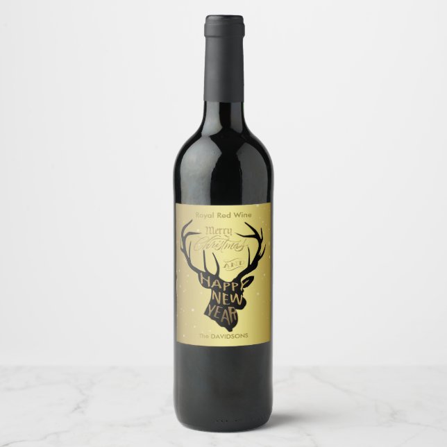 Elegant Deer Gold Foil Holiday Wishes Wine Label (Front)