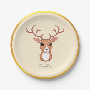 Elegant Deer, Golden Frame on Light Beige Paper Plate