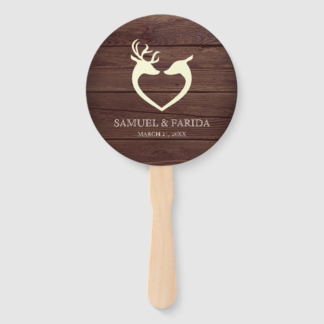 Elegant Deer Heart Rustic Wood Wedding Hand Fan (Front)