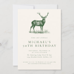Elegant Deer Hunting Green Adult Birthday Party Invitation