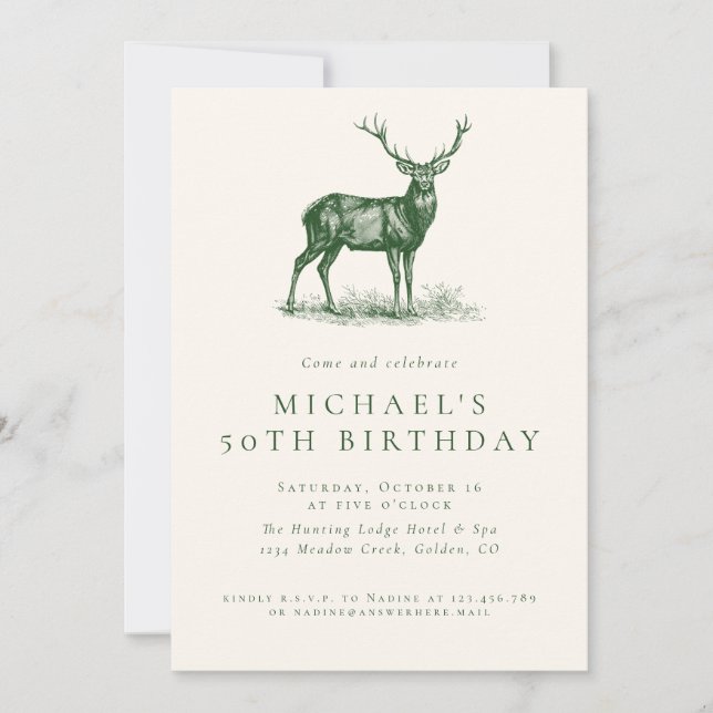 Elegant Deer Hunting Green Adult Birthday Party Invitation (Front)