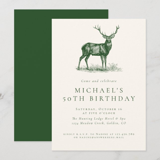 Elegant Deer Hunting Green Adult Birthday Party Invitation (Front/Back)