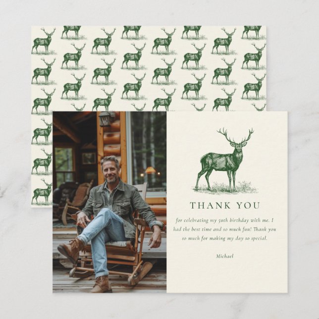 Elegant Deer Hunting Green Birthday Thank You Card (Front/Back)