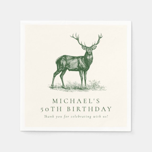Elegant Deer Hunting Stag Green Birthday Party Napkin (Front)