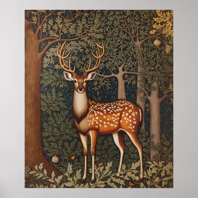 Elegant Deer In Oak Tree Forest Poster (Front)