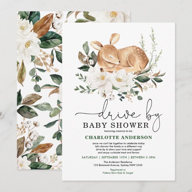 Elegant Deer Ivory Floral Drive By Baby Shower Invitation (Front/Back)