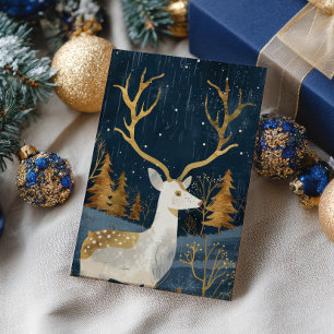 Elegant Deer Navy Blue& Gold Watercolor Cosy Xmas Postcard