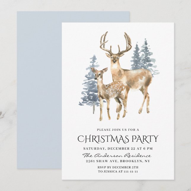 Elegant Deer Pine Tree Holiday Christmas Party Invitation (Front/Back)