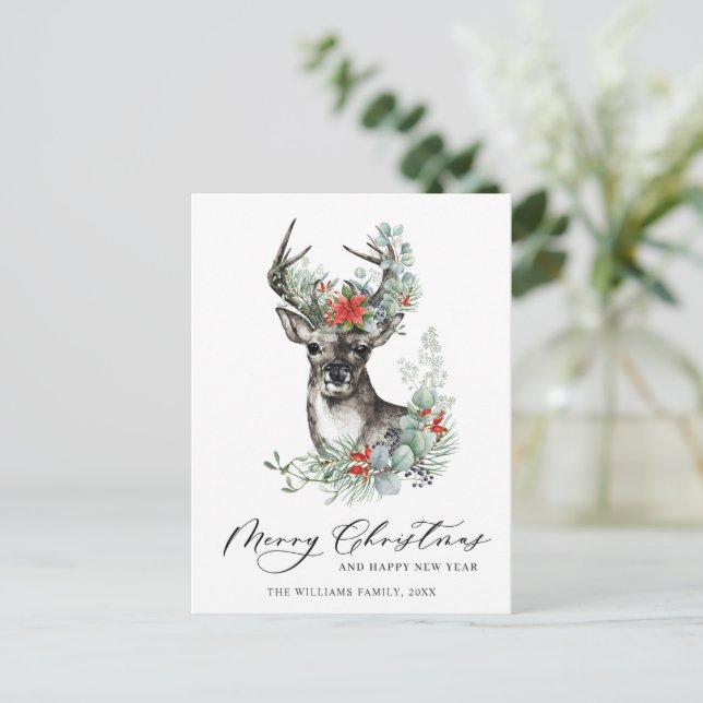 Elegant Deer Poinsettia Christmas Greeting Holiday Postcard (Standing Front)