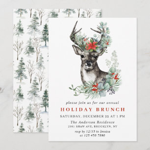 Elegant Deer Poinsettia CHRISTMAS HOLIDAY BRUNCH Invitation