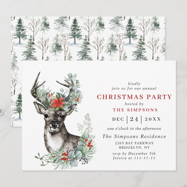 Elegant Deer Poinsettia Christmas HOLIDAY PARTY Invitation (Front/Back)