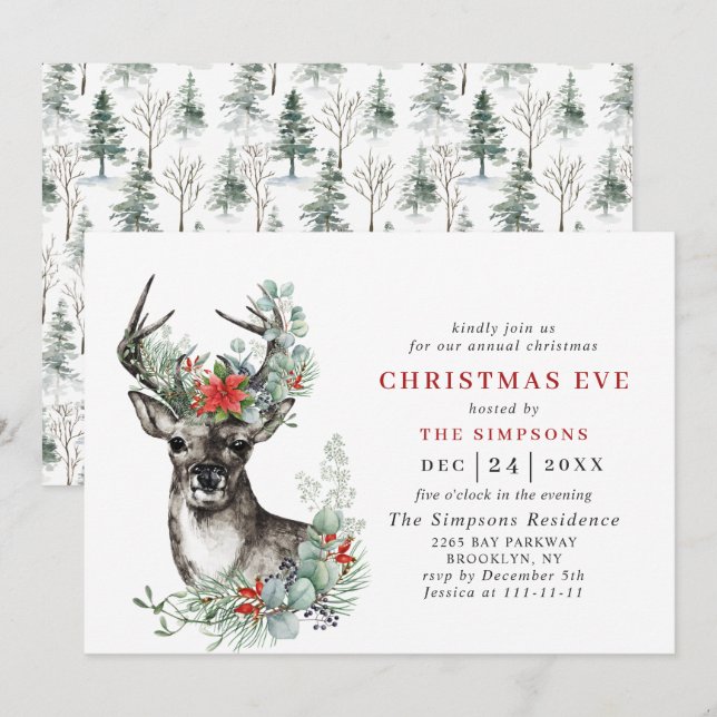 Elegant Deer Poinsettia Holiday CHRISTMAS EVE Invitation (Front/Back)