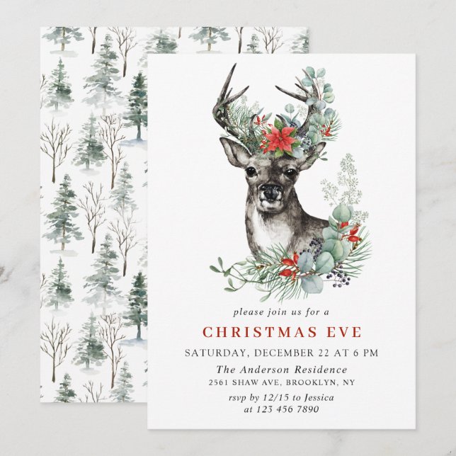 Elegant Deer Poinsettia Holiday CHRISTMAS EVE Invitation (Front/Back)