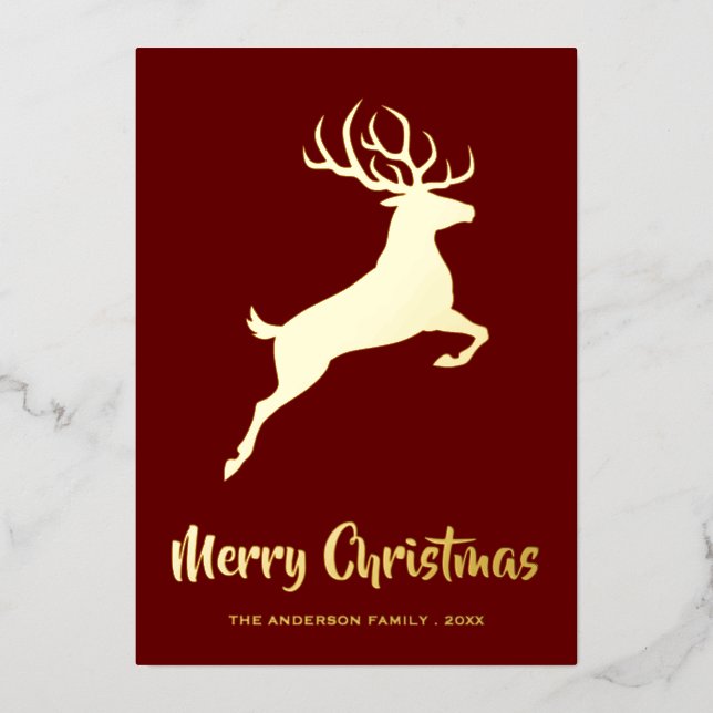 Elegant Deer Red & Gold Foil Holiday Card (Front)