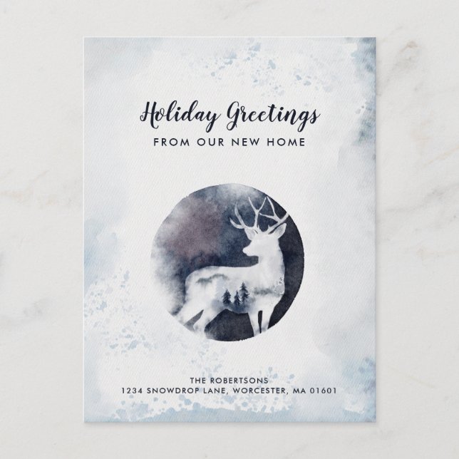 Elegant Deer Winter Scene Holiday Moving Announcement Postcard (Front)