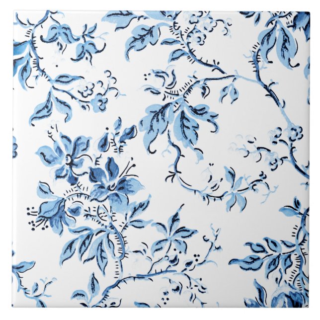 Elegant Delft Blue and White Floral Tile (Front)