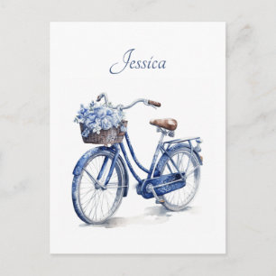 Elegant Delft Blue Floral Bicycle Personalised Postcard