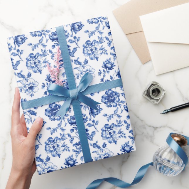 Elegant Delft Blue Floral Wrapping Paper (Gifting)