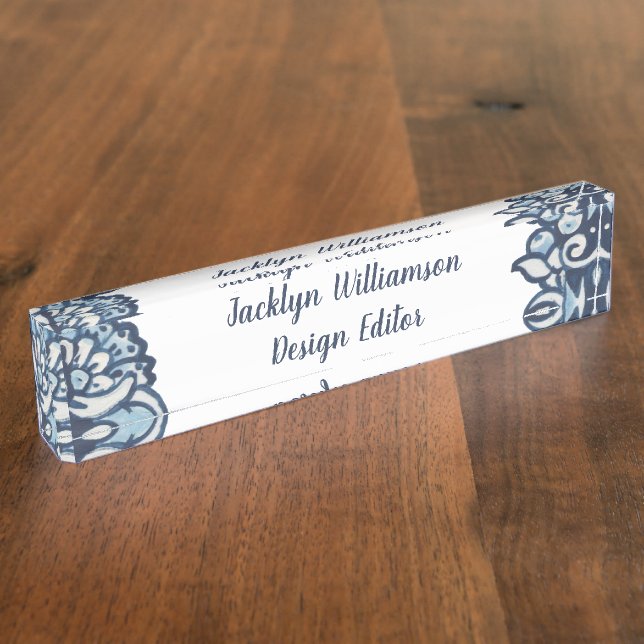 Elegant Delft Blue White Floral Personalised Nameplate (Side)