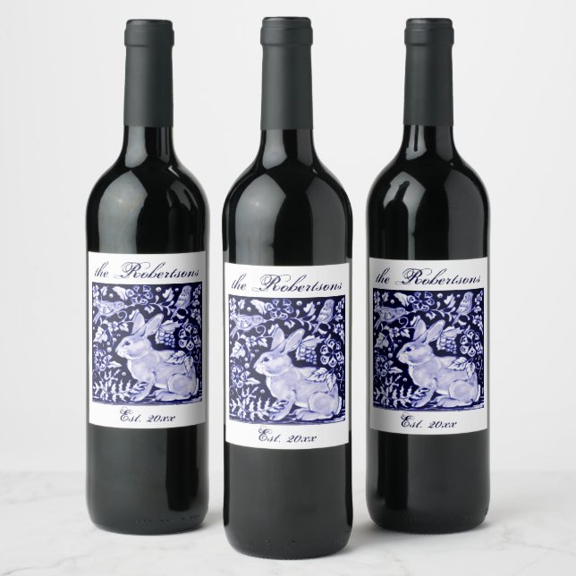 Elegant Delft Navy Blue Bunny Rabbit Birds Custom Wine Label (Bottles)