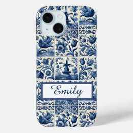 Elegant Delft Tiles Personalised iPhone 15 Case