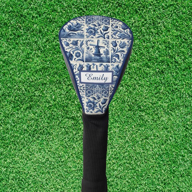 Elegant Delft Tiles Personalised Golf Head Cover (Elegant golf head cover, blue and white tiled design with personalization )