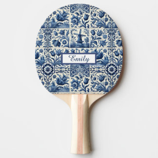 Elegant Delft Tiles Personalised Ping Pong Paddle