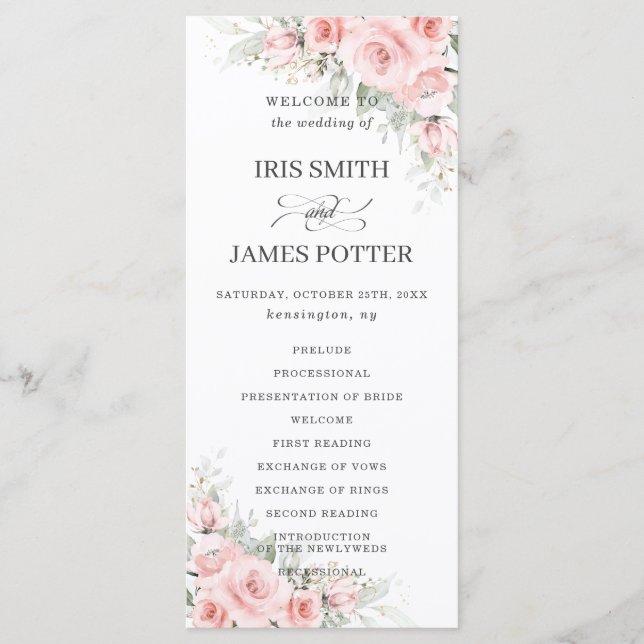 Elegant Delicate Blush PInk Floral Wedding Program Programme (Front)